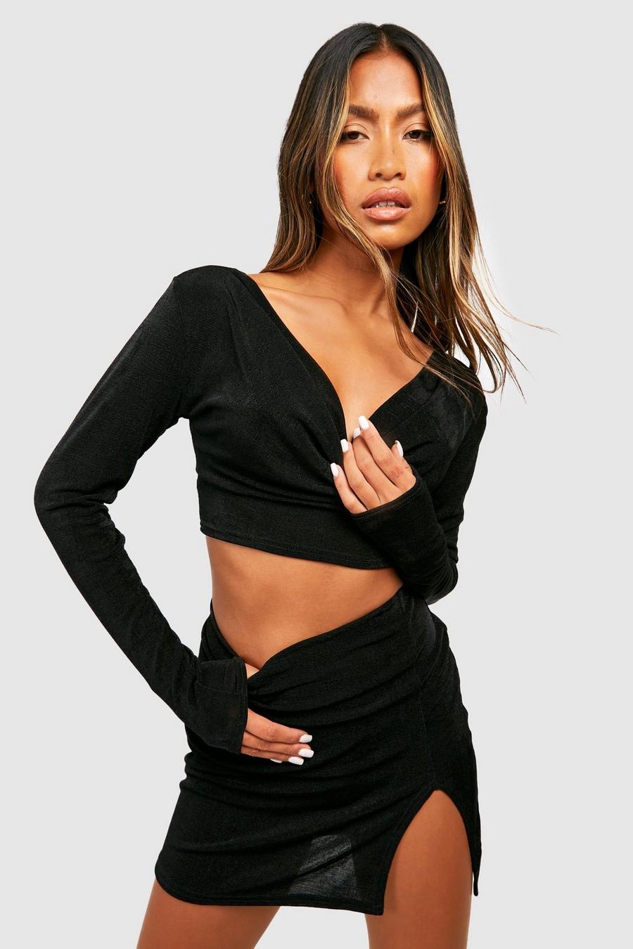 Black negro Acetate Slinky Cowl Neck & Split Mini Skirt image number 1