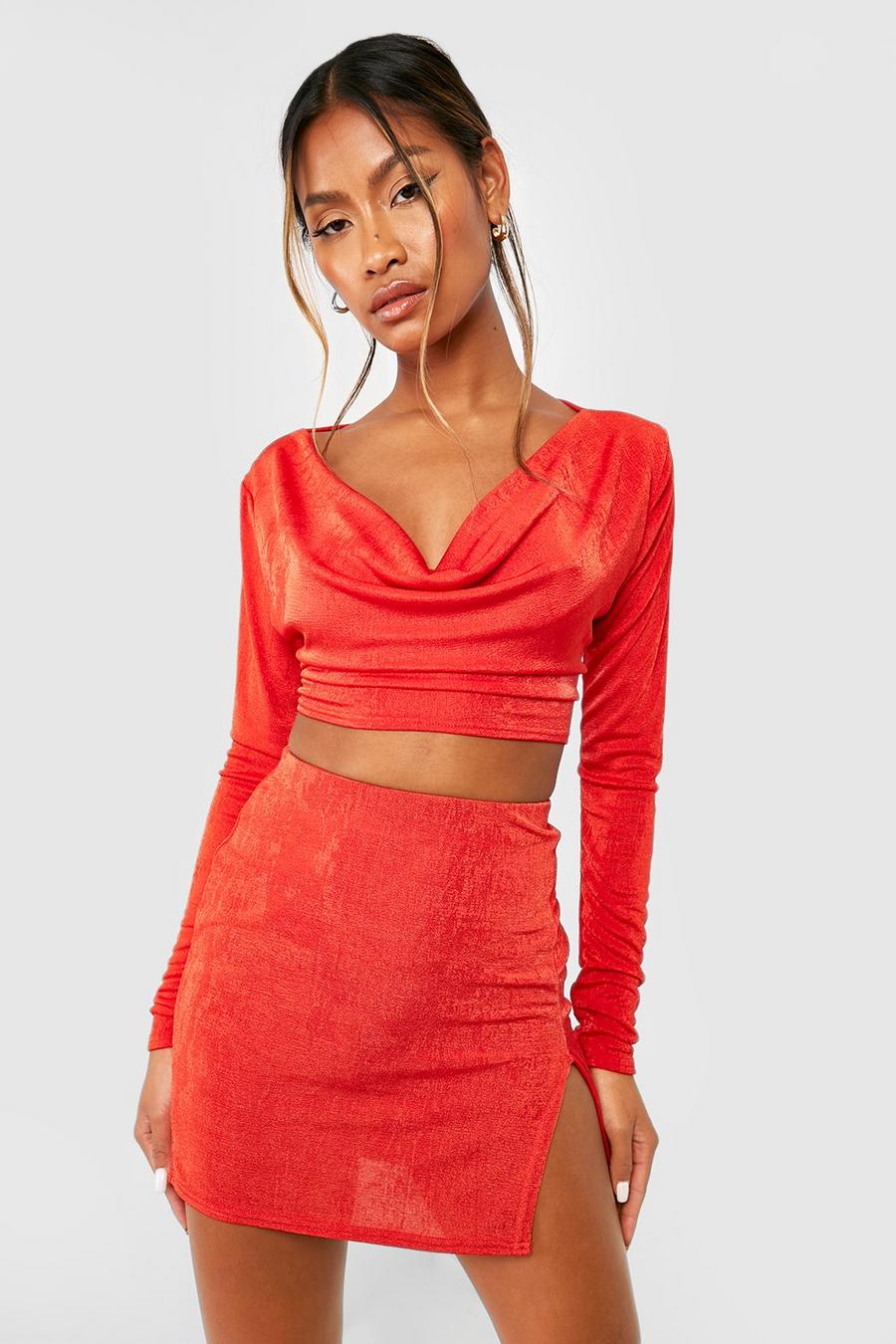 Red Acetate Slinky Cowl Neck & Split Mini Skirt