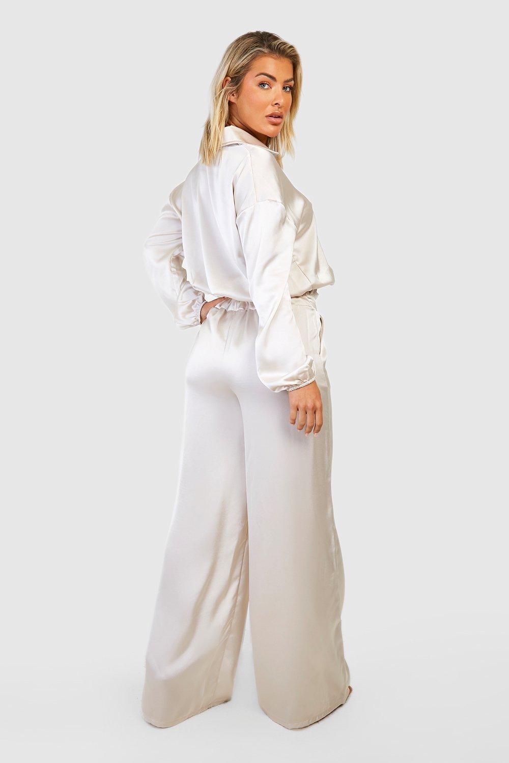 Only Petite oversized satin blazer and palazzo trouser co-ord in champagne