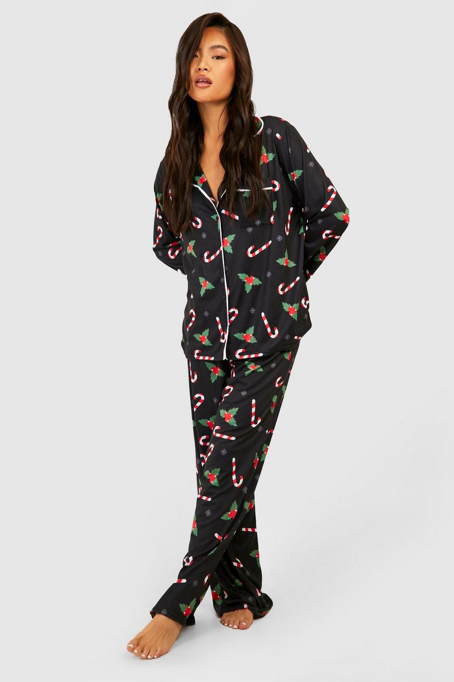 Black Candy Cane Jersey Button Up Pyjama Pants Set image number 1