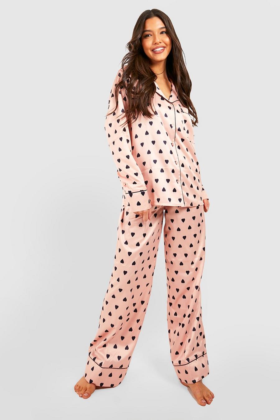 Rose gold metallic Premium Satin Heart Print Pajama Pants Set