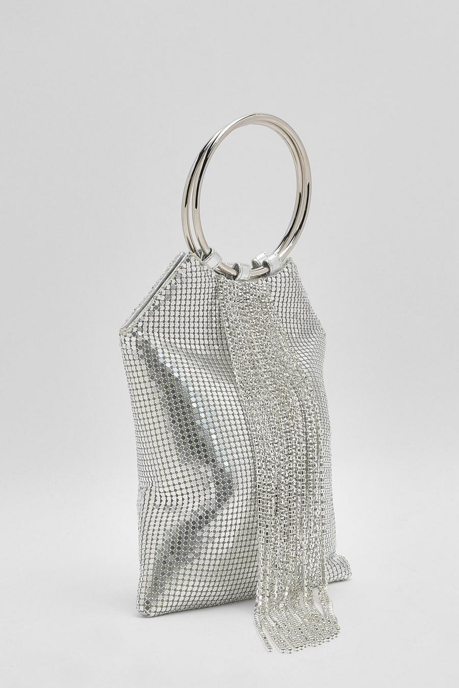 Silver Hoop Handle Diamante Fringe Bag