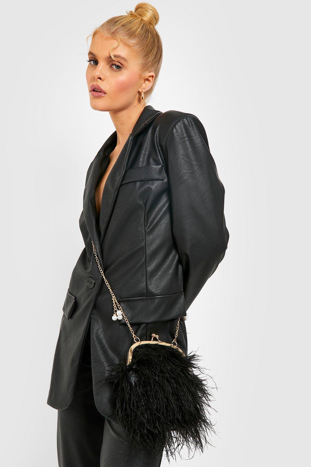 Black crossbody bag with feathers
