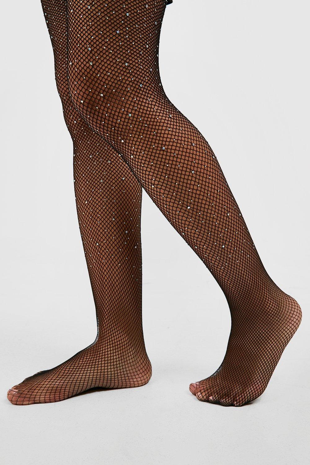 Boohoo Festival Black Fishnet Diamante Tights in Pink