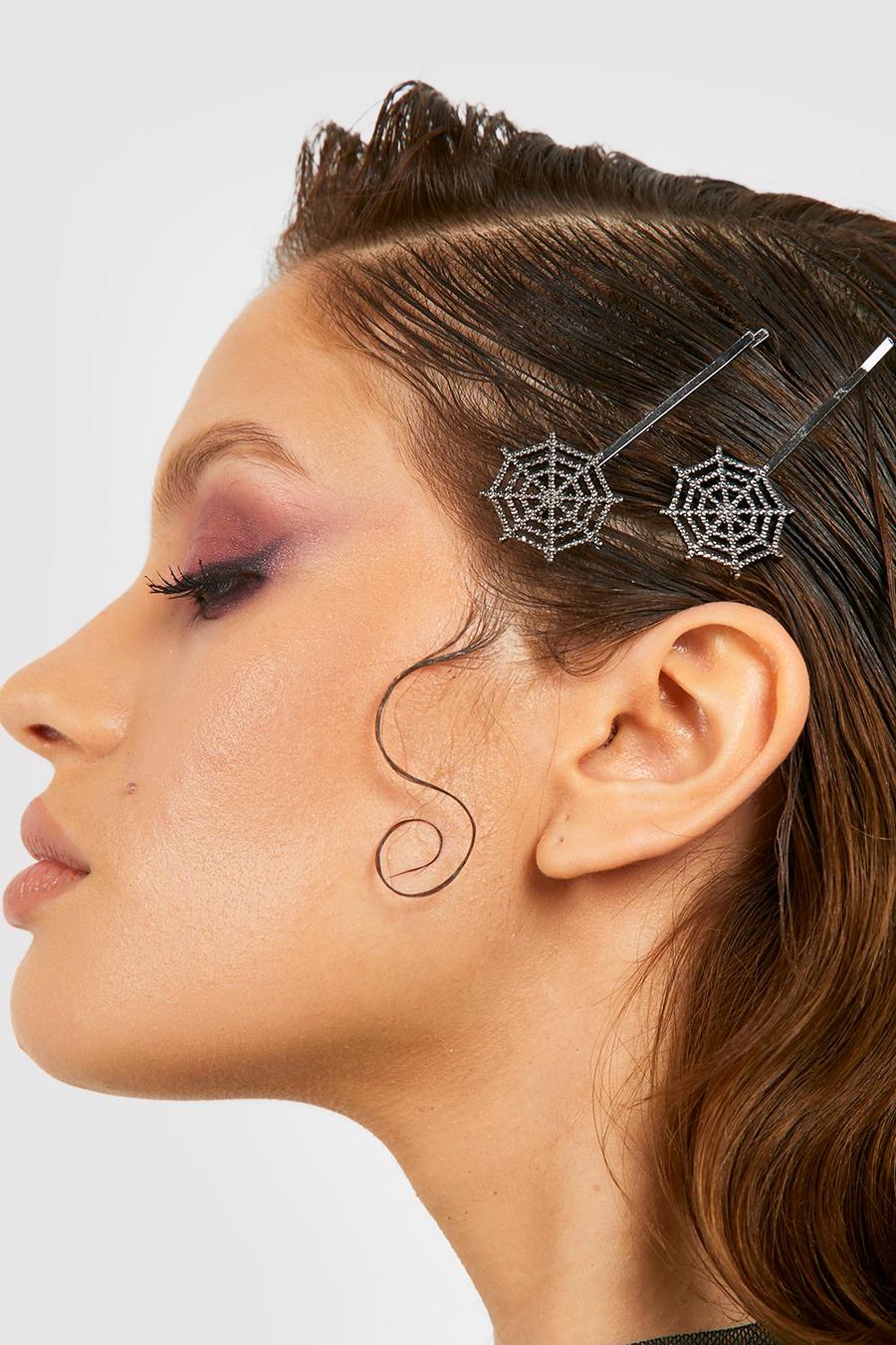 Black Halloween 2 Pack Silver Cobweb Hair Clips  image number 1