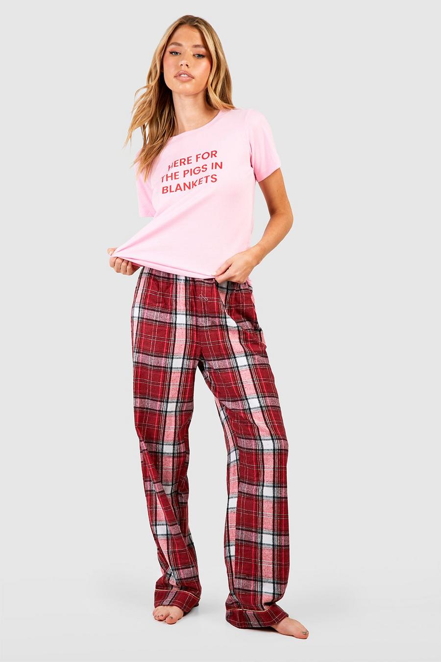 T-shirt del pigiama natalizio con scritta Pigs In Blank & pantaloni a quadri, Pink rosa