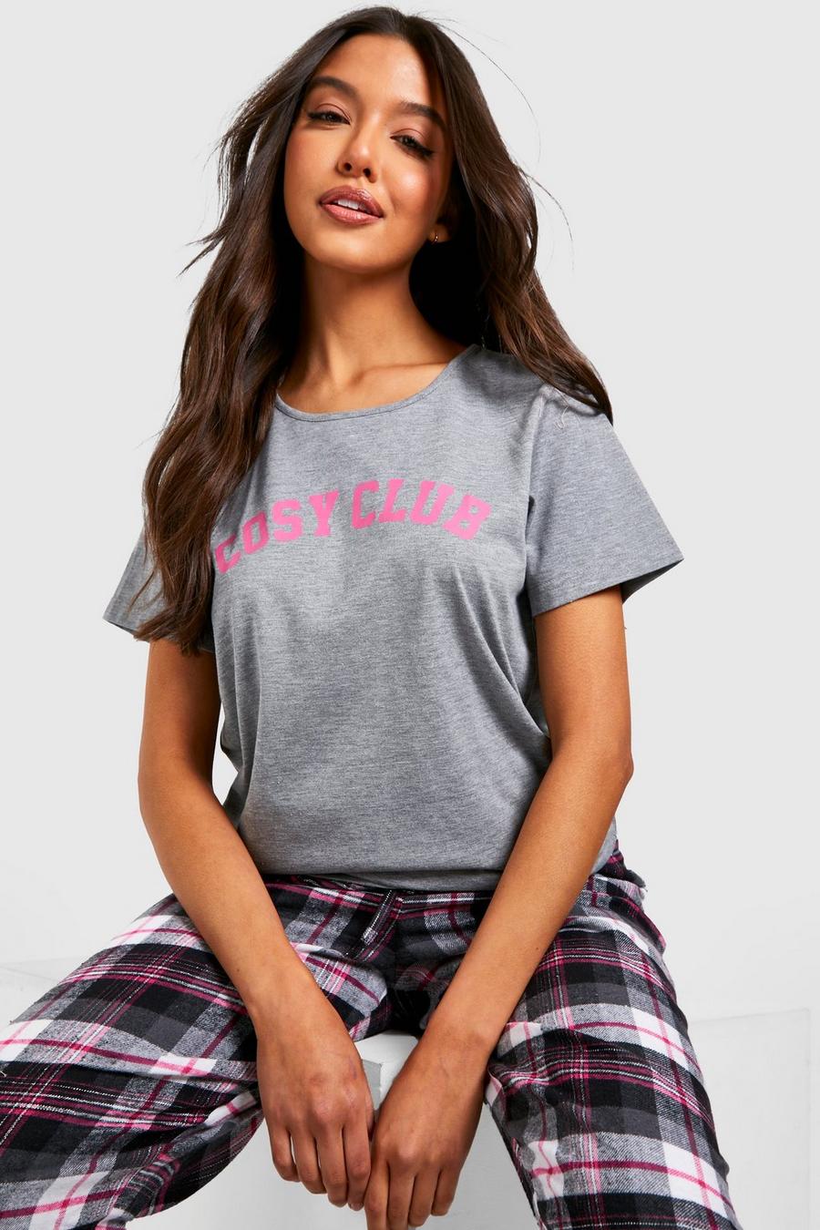 Grey Cosy Club Pyjama T-shirt & Check Trouser Set image number 1