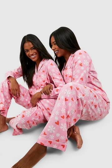 Snowflake Heart Print Brushed Pajama Pants Set pink