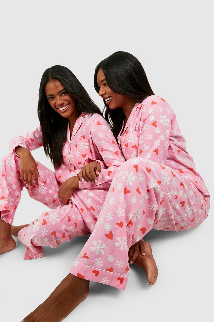 Pink Christmas Snowflake Heart Print Brushed Pyjama Trouser Set image number 1