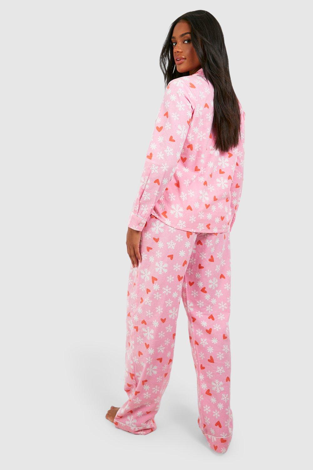 Christmas Snowflake Heart Print Brushed Pyjama Trouser Set boohoo UK