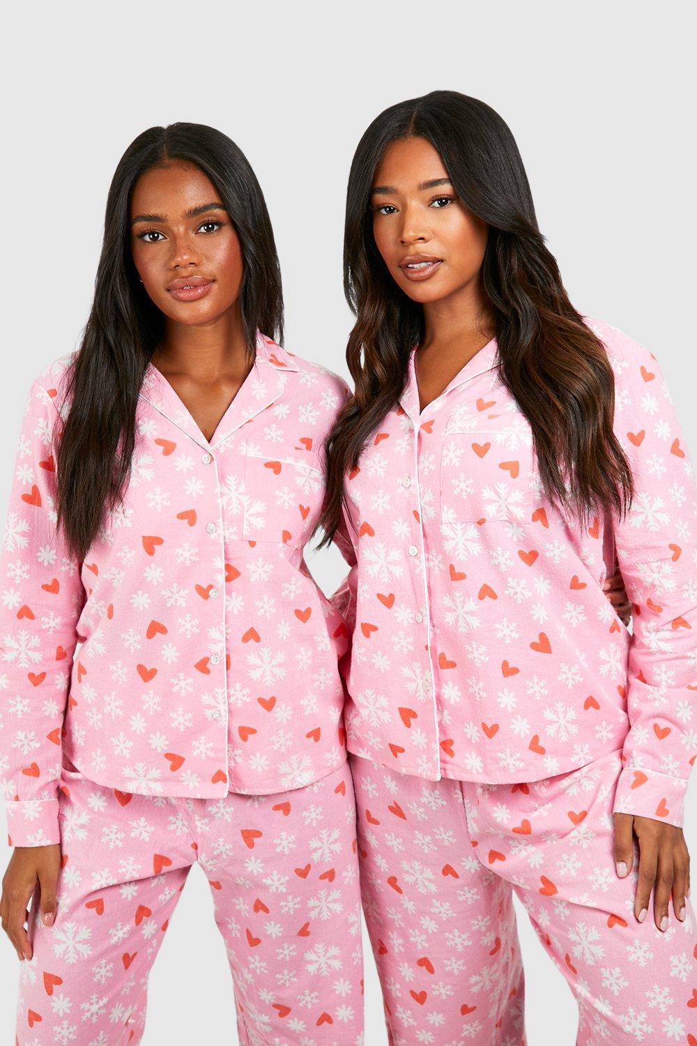 Women's Christmas Snowflake Heart Print Brushed Pyjama Trouser Set