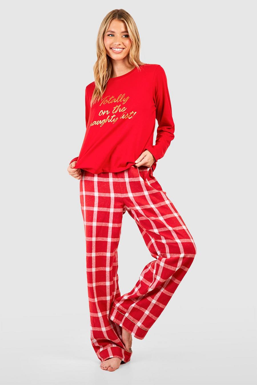W Langärmliges Naughty List Weihnachts Pyjama T-Shirt & karierte Hose, Red image number 1