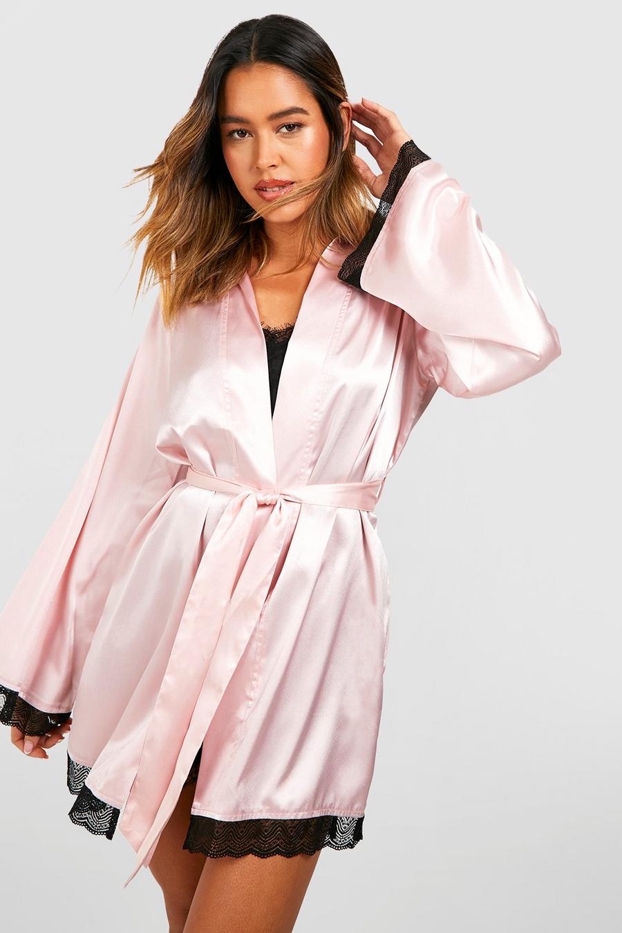 Blush pink Lace Trim Side Split Satin Robe image number 1