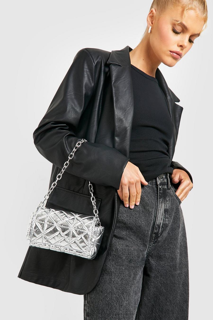 Silver Metallic Quilted Mini Chain Bag