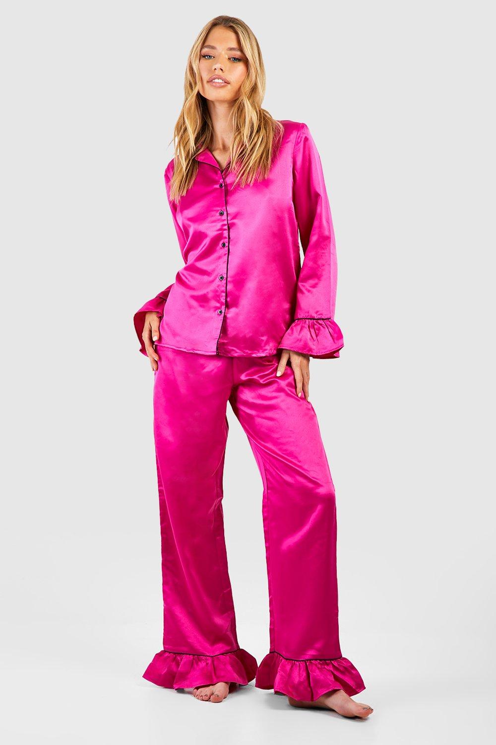 Pink Silk 3 Piece Pyjamas Set, 100% Silk Pink Shirt Bra Pant