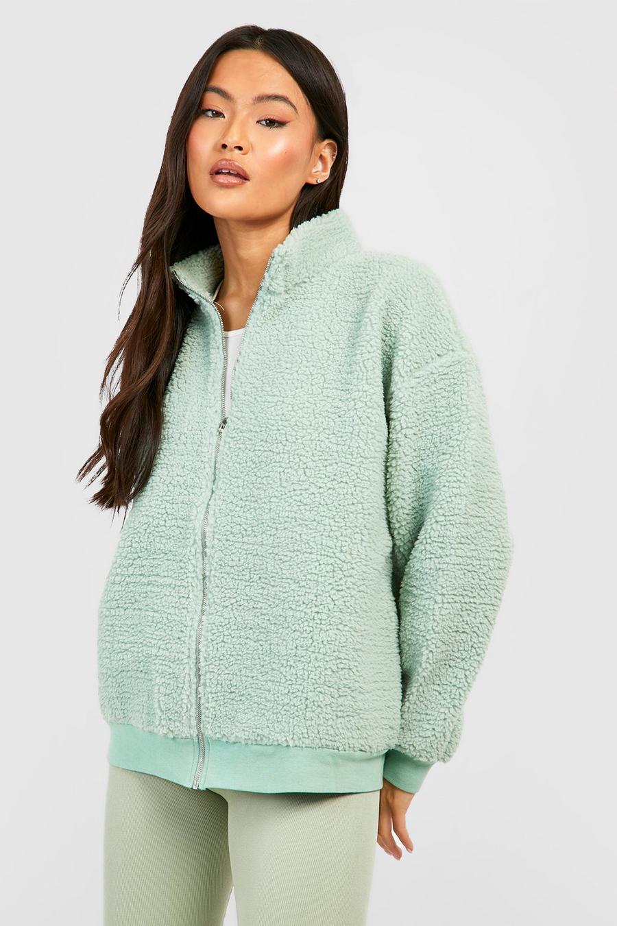 Sage green Premium Borg Zip Through Sweater 