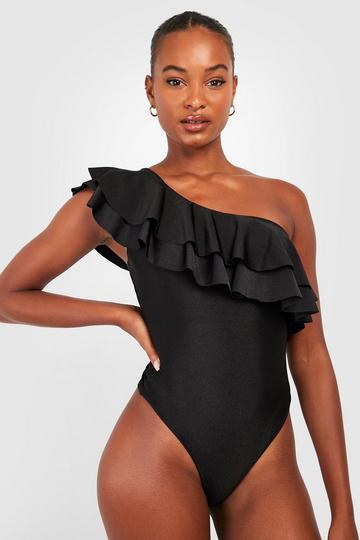 Black Tall Ruffle Asymmetric Swimsuit