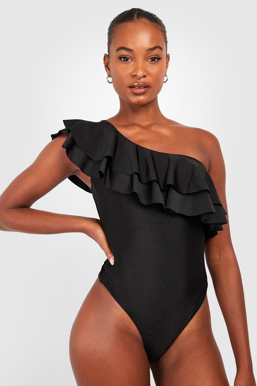 Black Tall Ruffle Asymmetric Swimsuit
