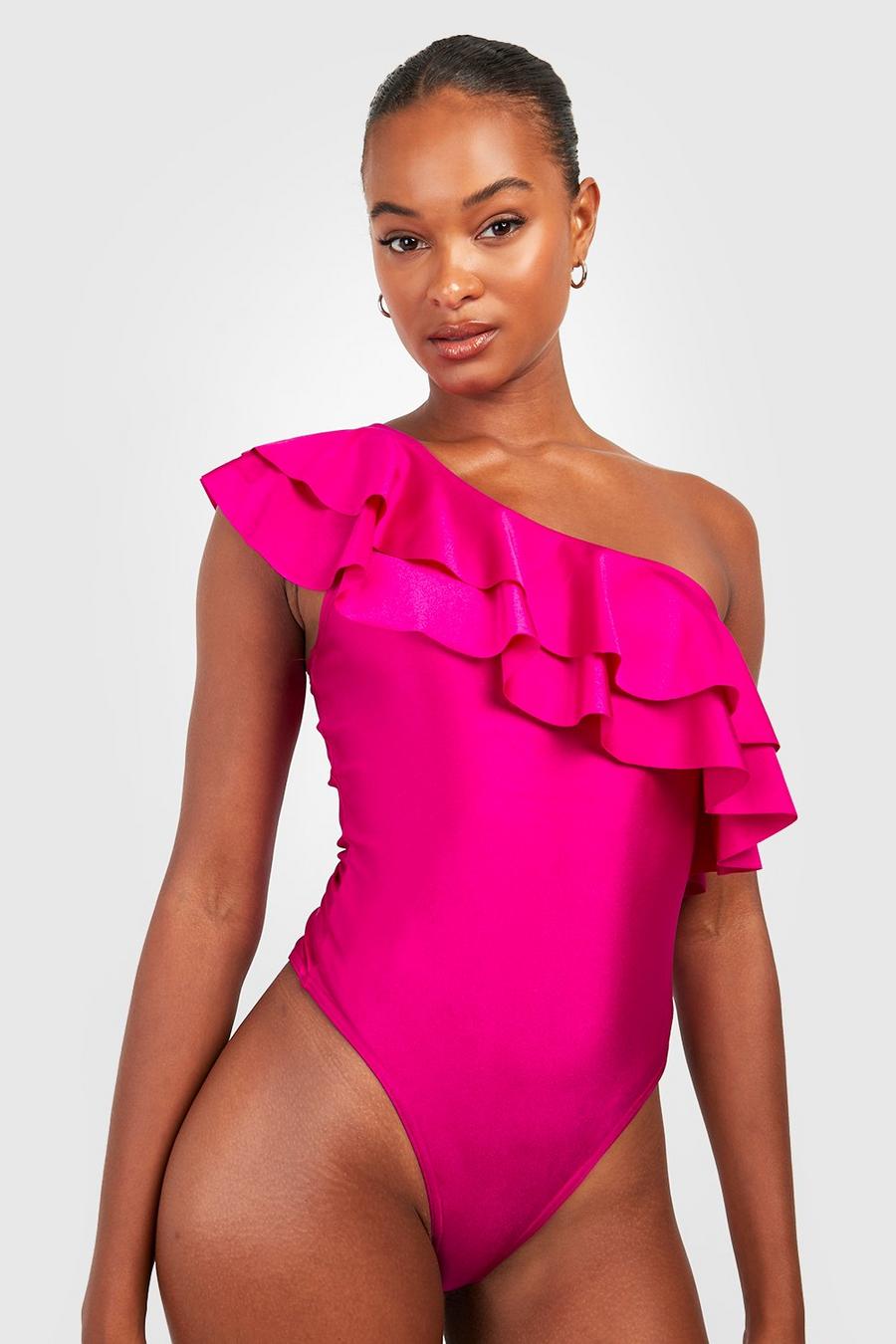 Pink Tall Ruffle Asymmetric Swimsuit image number 1