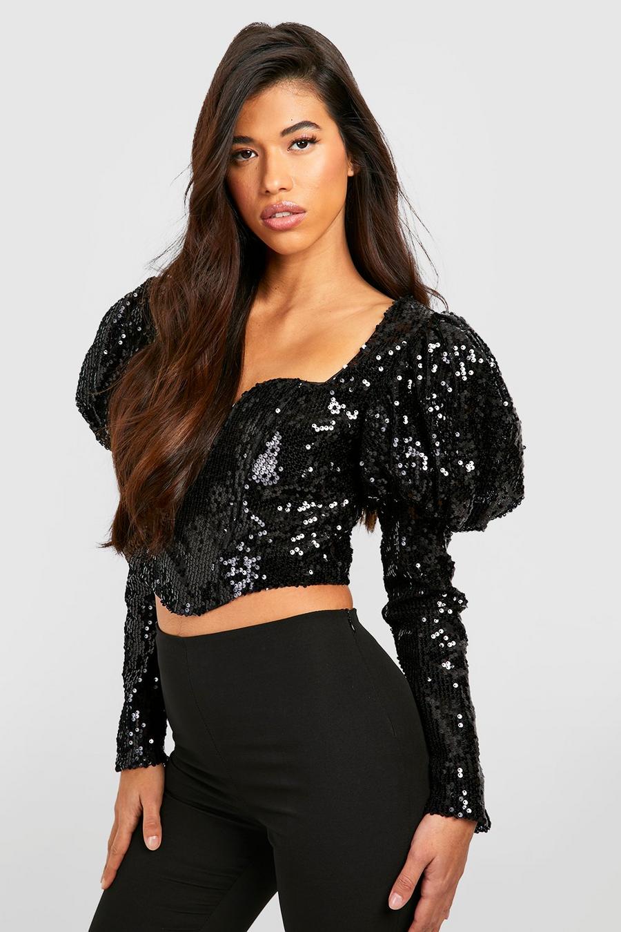 Black Tall Sequin Corset Puff Sleeve Top image number 1