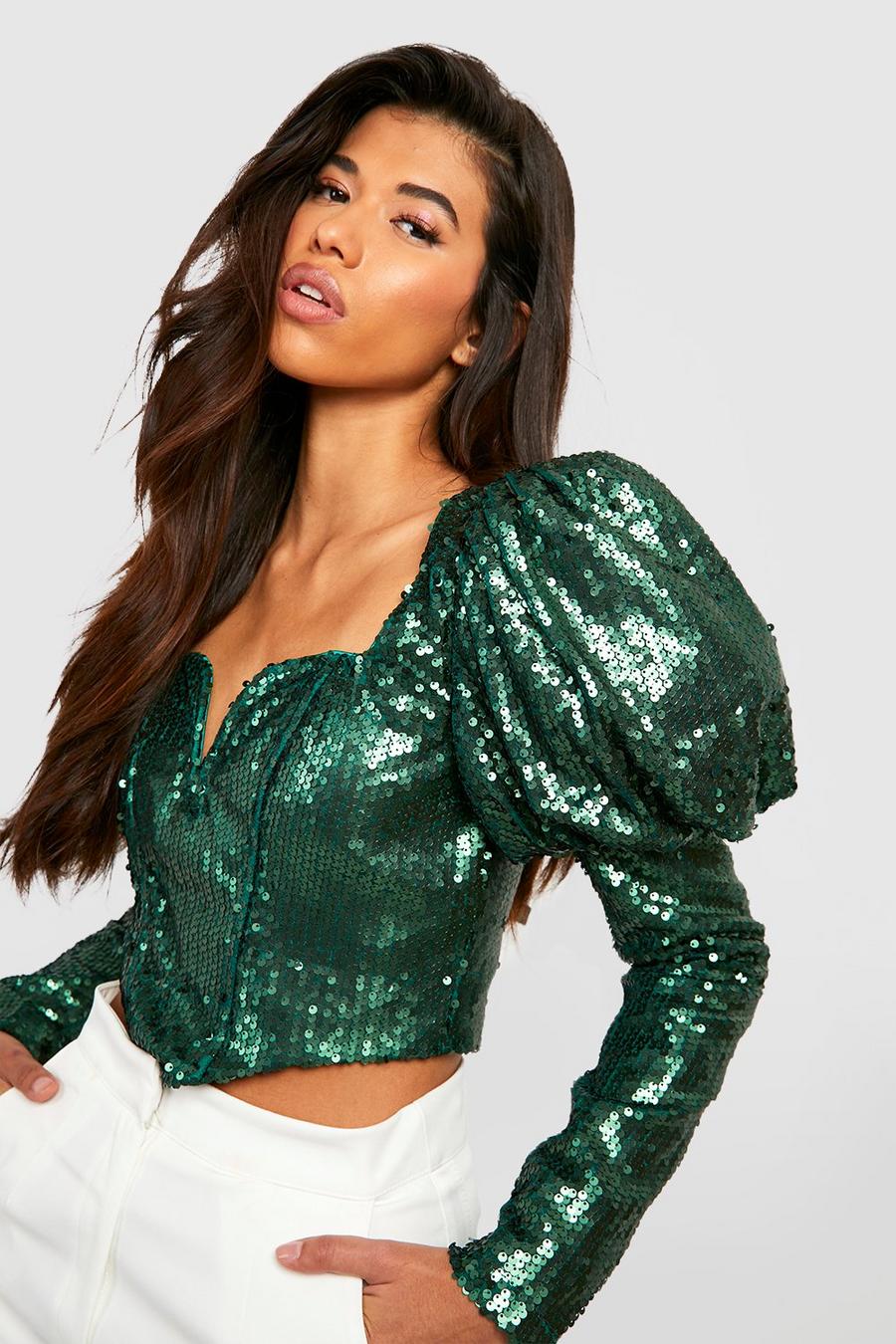 Green Tall Sequin Corset Puff Sleeve Top image number 1