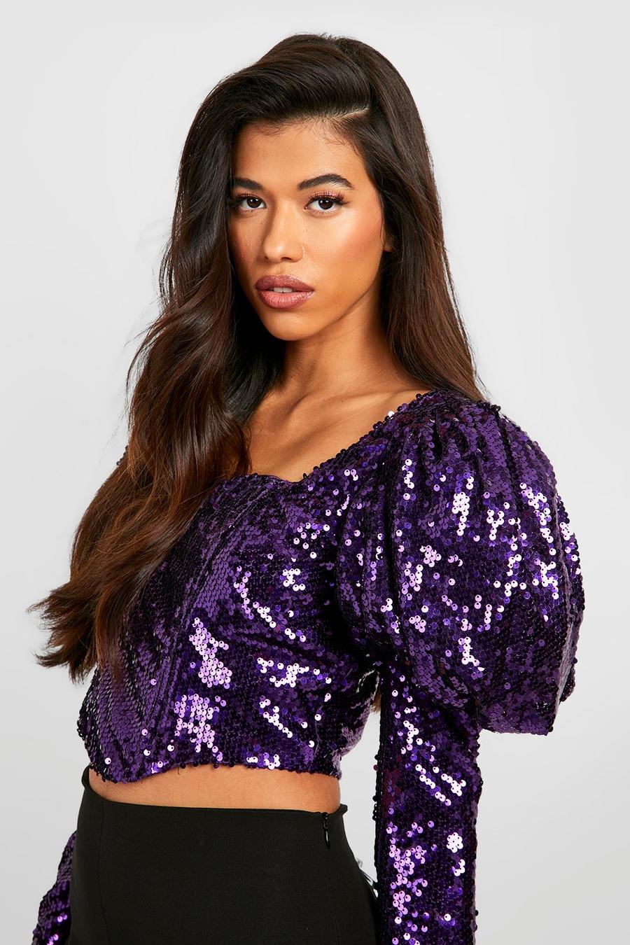 Purple Tall Sequin Corset Puff Sleeve Top image number 1