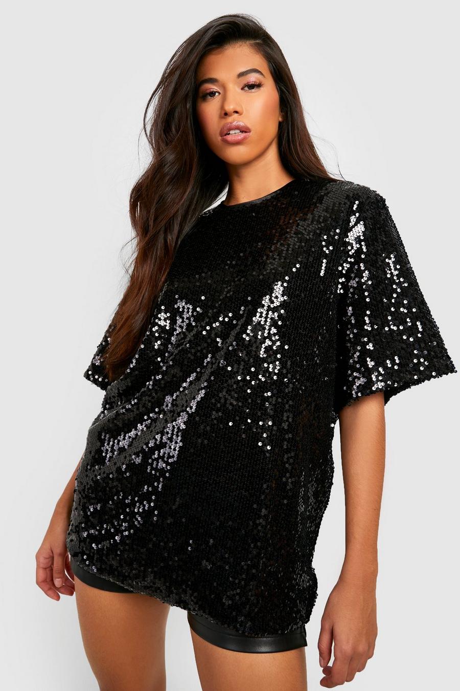 Black Tall Oversized Glitter T-Shirt Met Pailletten image number 1