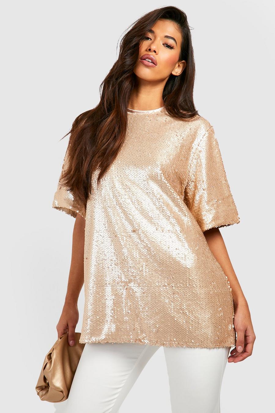 T-shirt Tall oversize con paillettes, Champagne