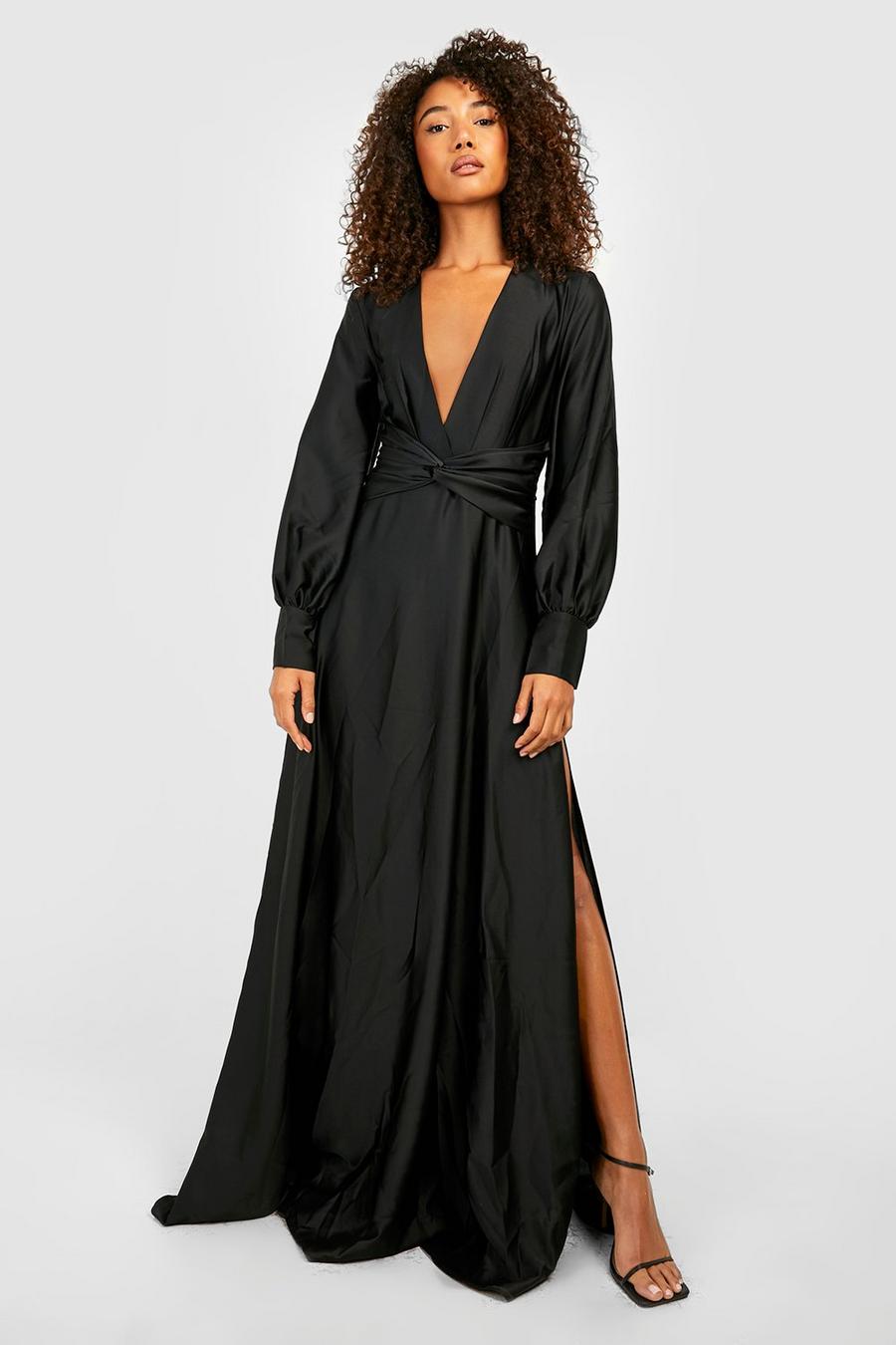 שחור שמלת מקסי מסאטן עם מחשוף ושרוולי בלון, לנשים גבוהות