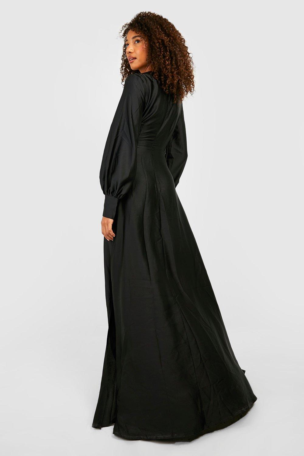 Tall Satin Plunge Balloon Sleeve Maxi Dress