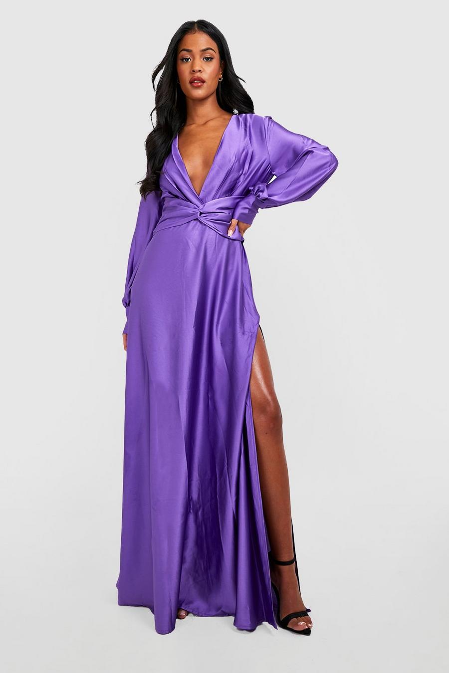 Purple Tall Satin Plunge Balloon Sleeve Maxi Dress image number 1