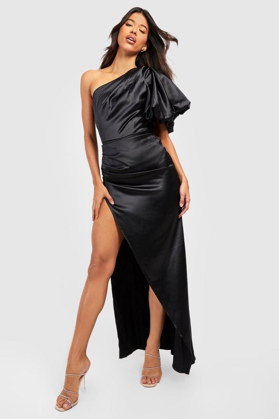 Black Tall Satin Puff Sleeve Maxi Dress image number 1