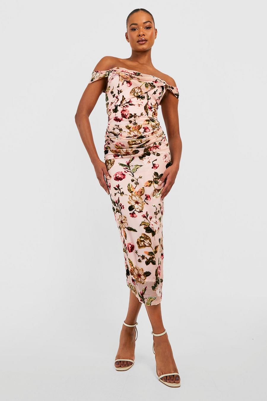 Blush Tall Floral Devore Off The Shoulder Midi Dress image number 1