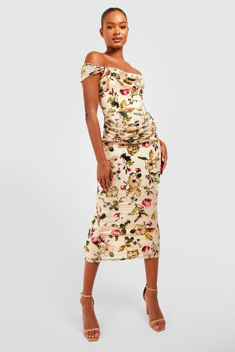 Olive Tall Floral Devore Off The Shoulder Midi Dress image number 1
