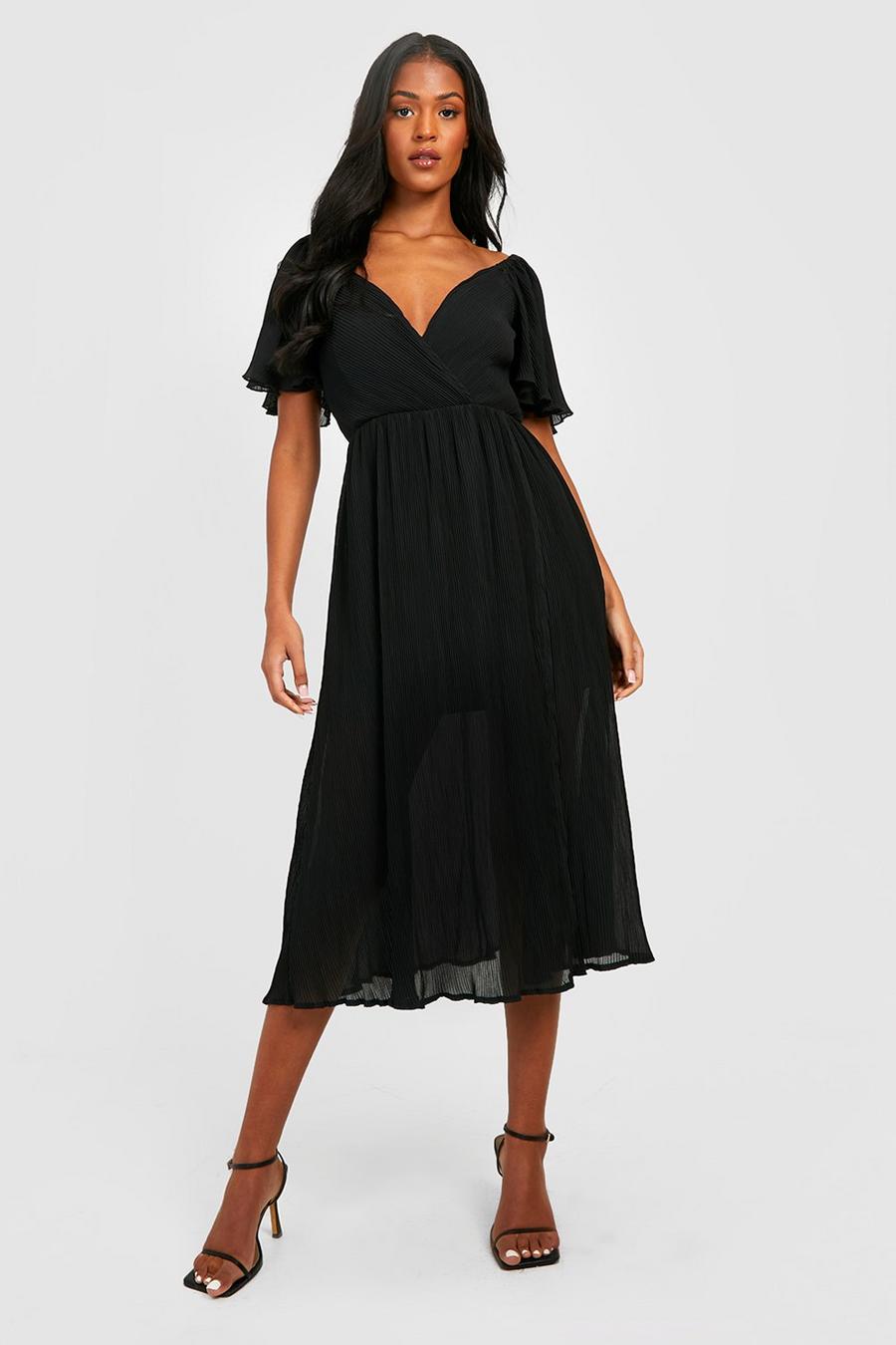Black Tall Plisse Angel Sleeve Split Midi Dress image number 1