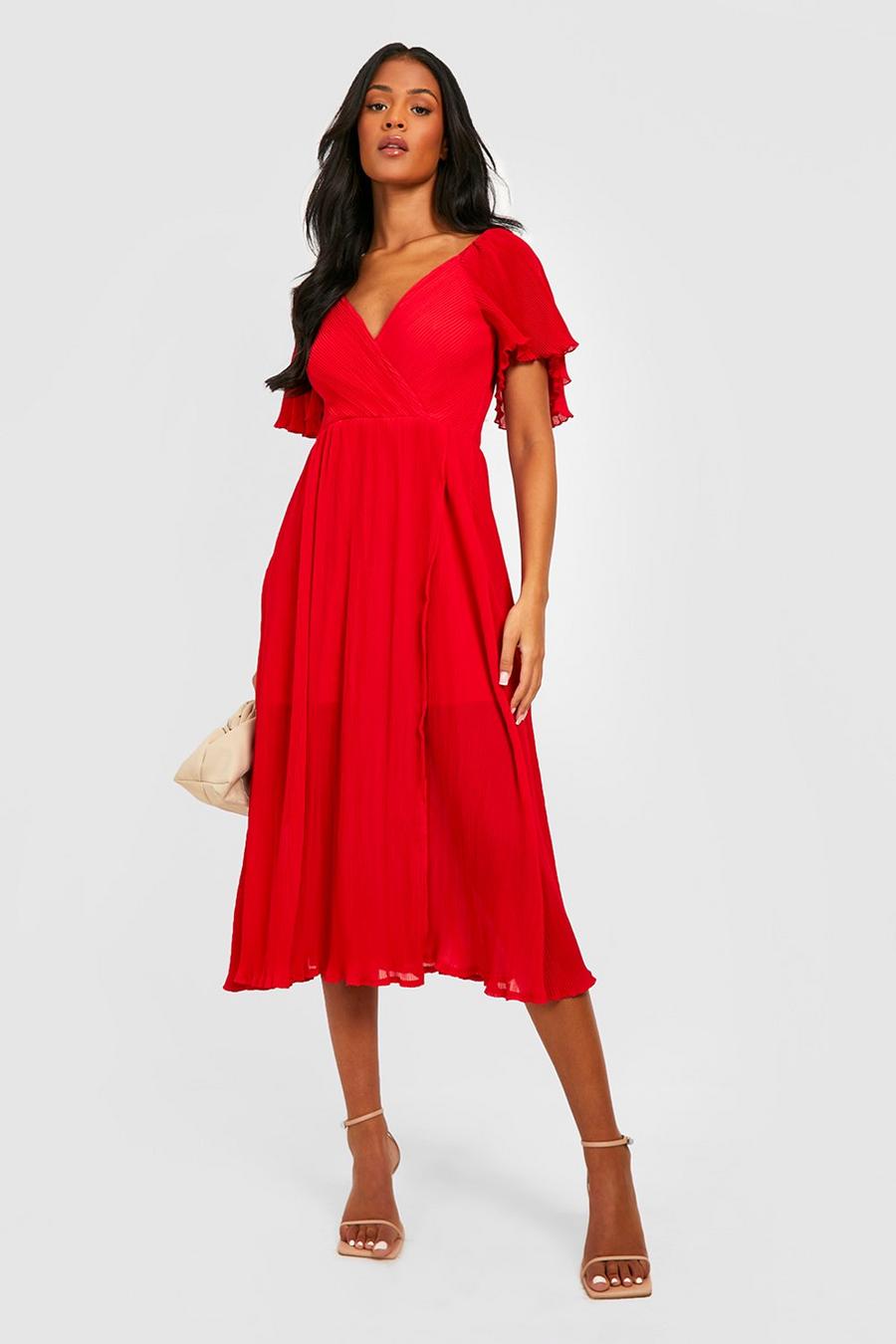 Red Tall Plisse Angel Sleeve Split Midi Dress image number 1