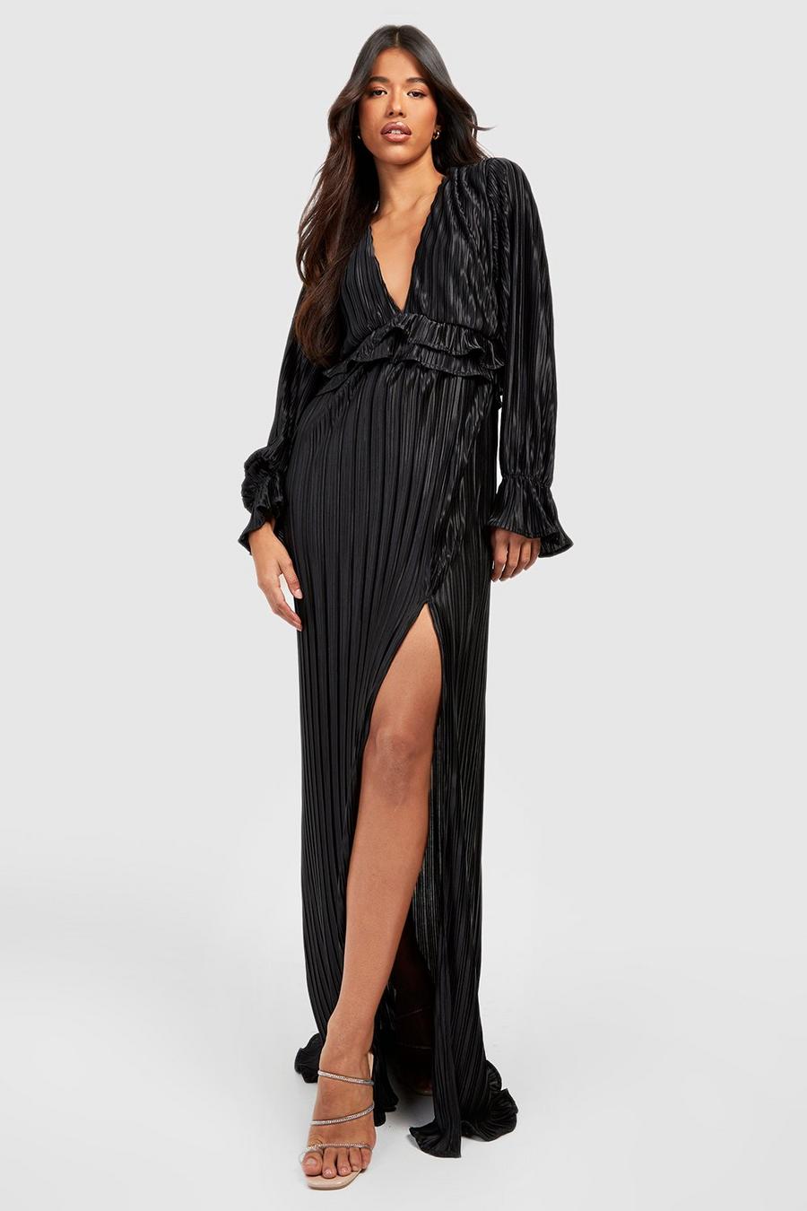 Black noir Tall Satin Plisse Ruffle Split Maxi Dress image number 1