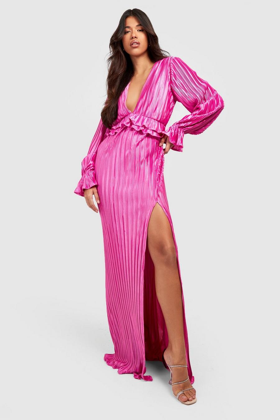 Pink Tall Satin Plisse Ruffle Split Maxi Dress image number 1