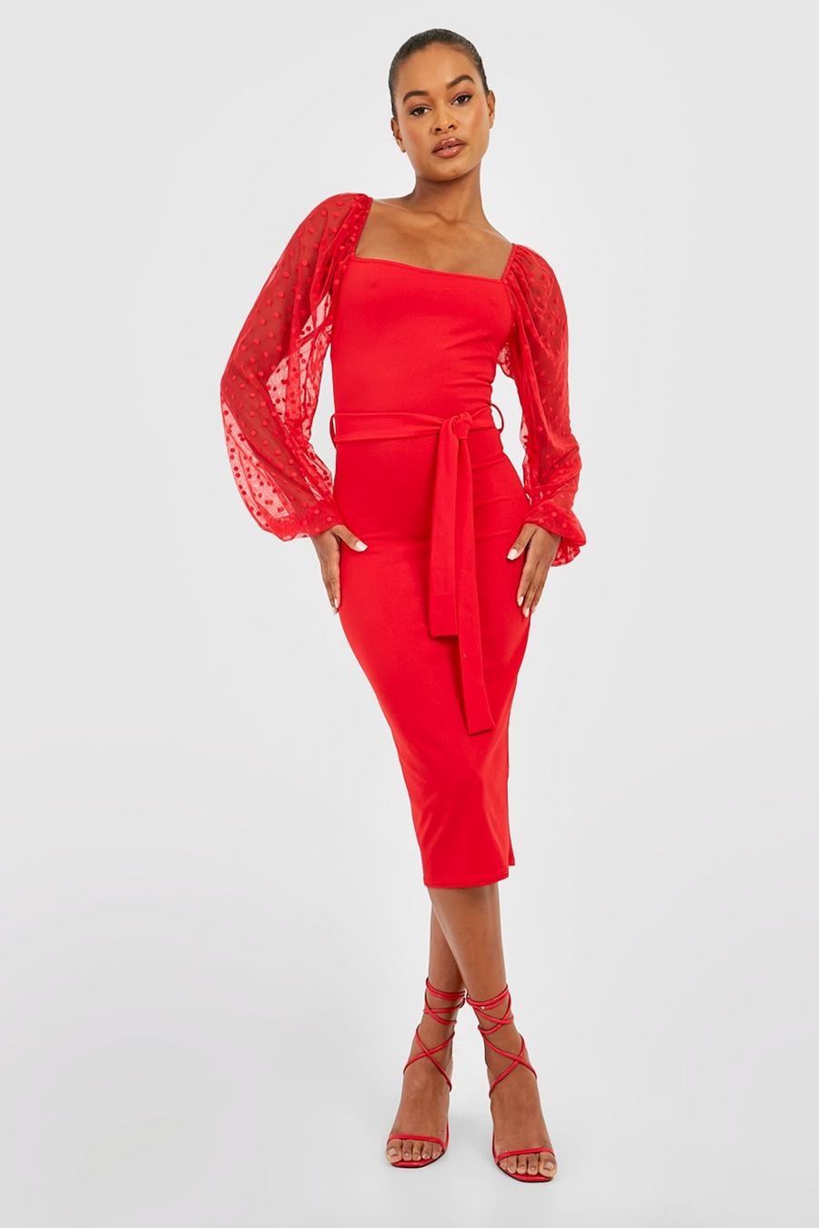 Red Tall Dobby Mesh Belted Midi Dress image number 1