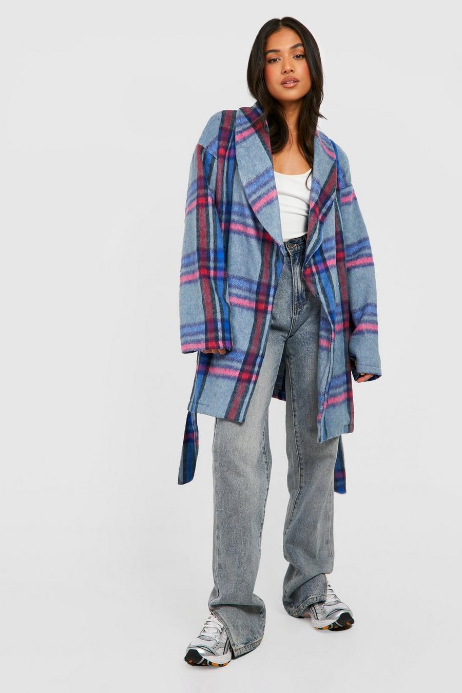 Blue azzurro Petite Bright Brushed Check Belted Coat