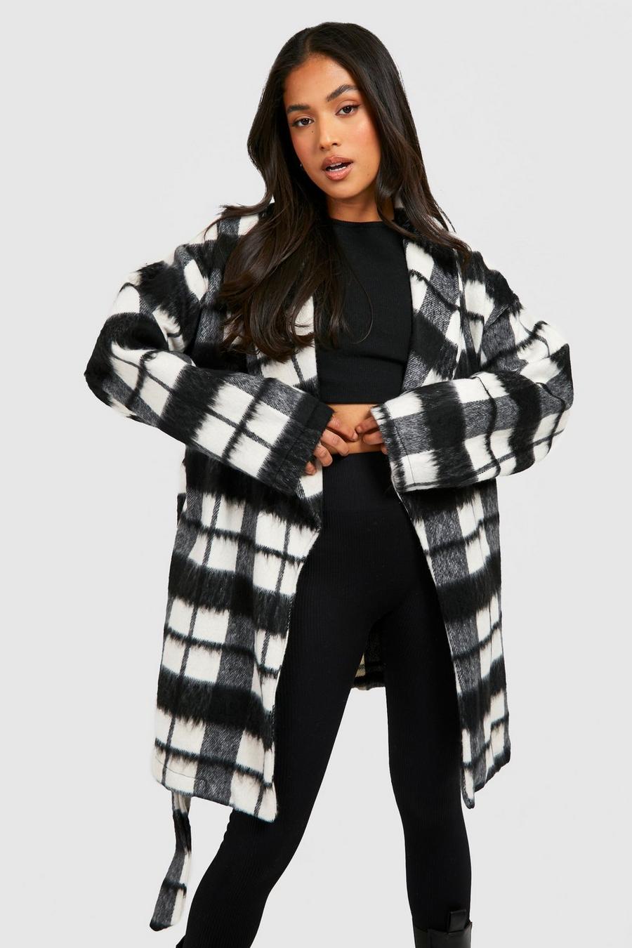 Black Petite Mono Brushed Flannel Belted Coat image number 1