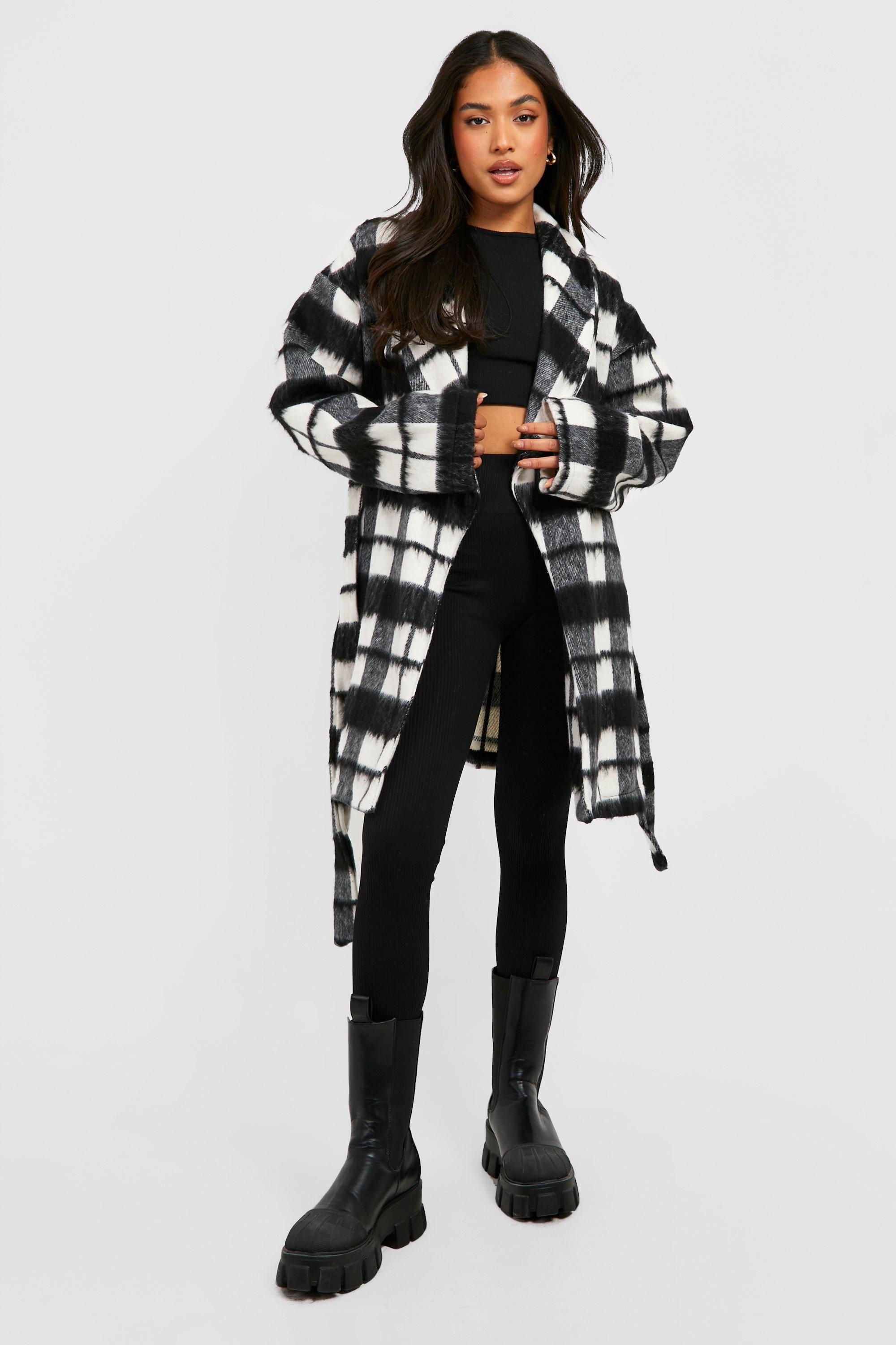 Petite Mono Brushed Check Belted Coat