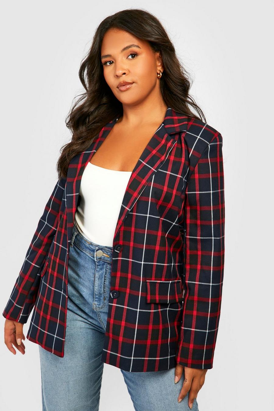 Navy blu oltremare Plus Checked Double Breasted Blazer  image number 1