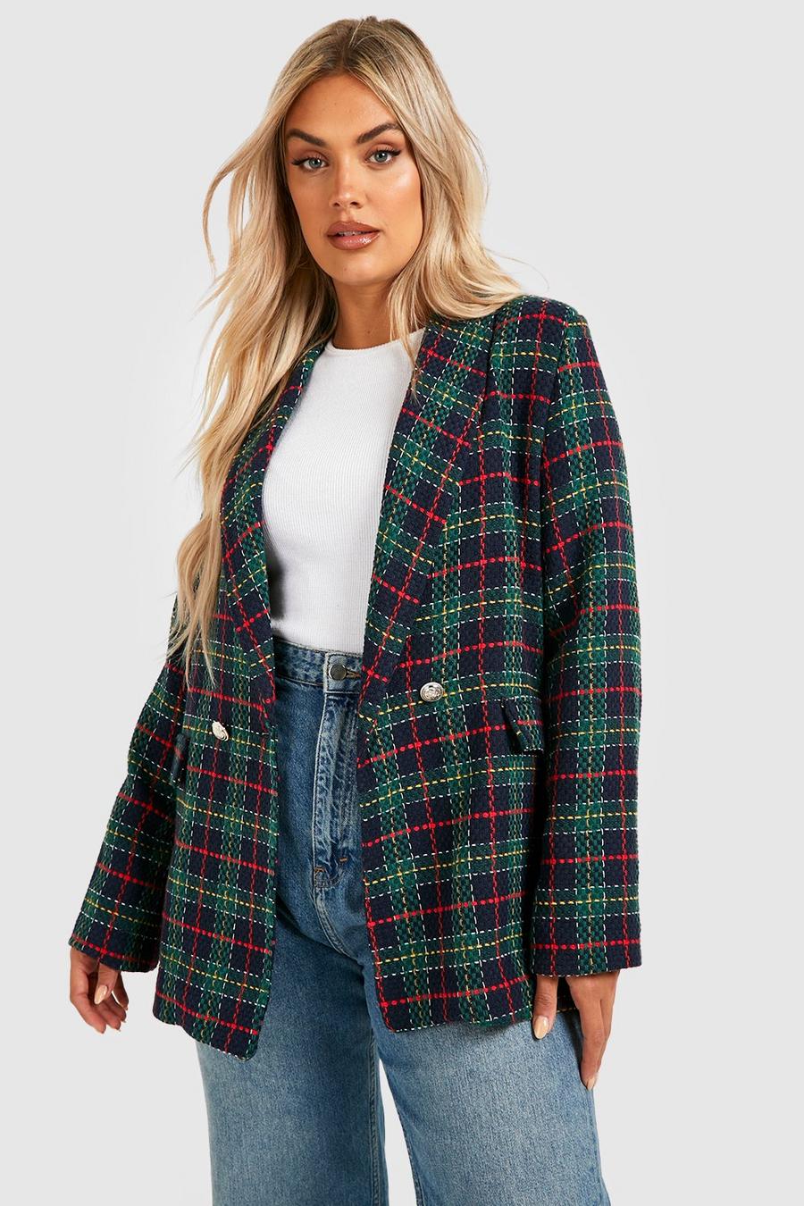 Black Plus Boucle Check Double Breasted Blazer 
