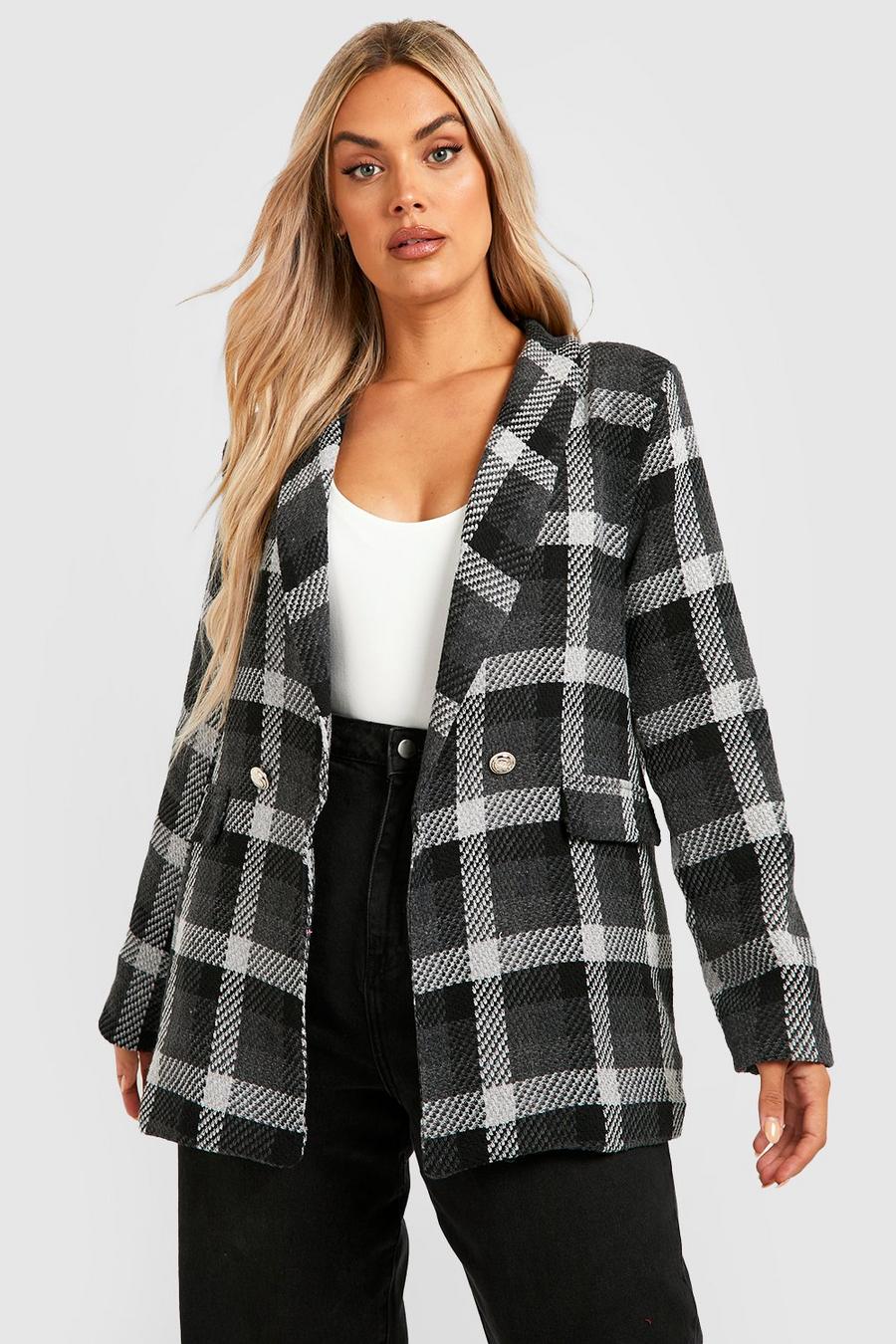 Black Plus Boucle Check Double Breasted Blazer image number 1