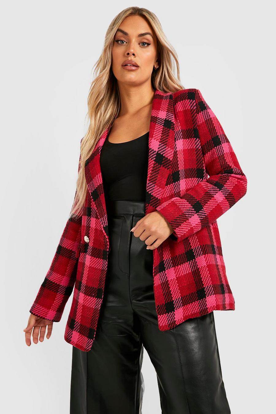 Hot pink Plus Boucle Check Double Breasted Blazer
