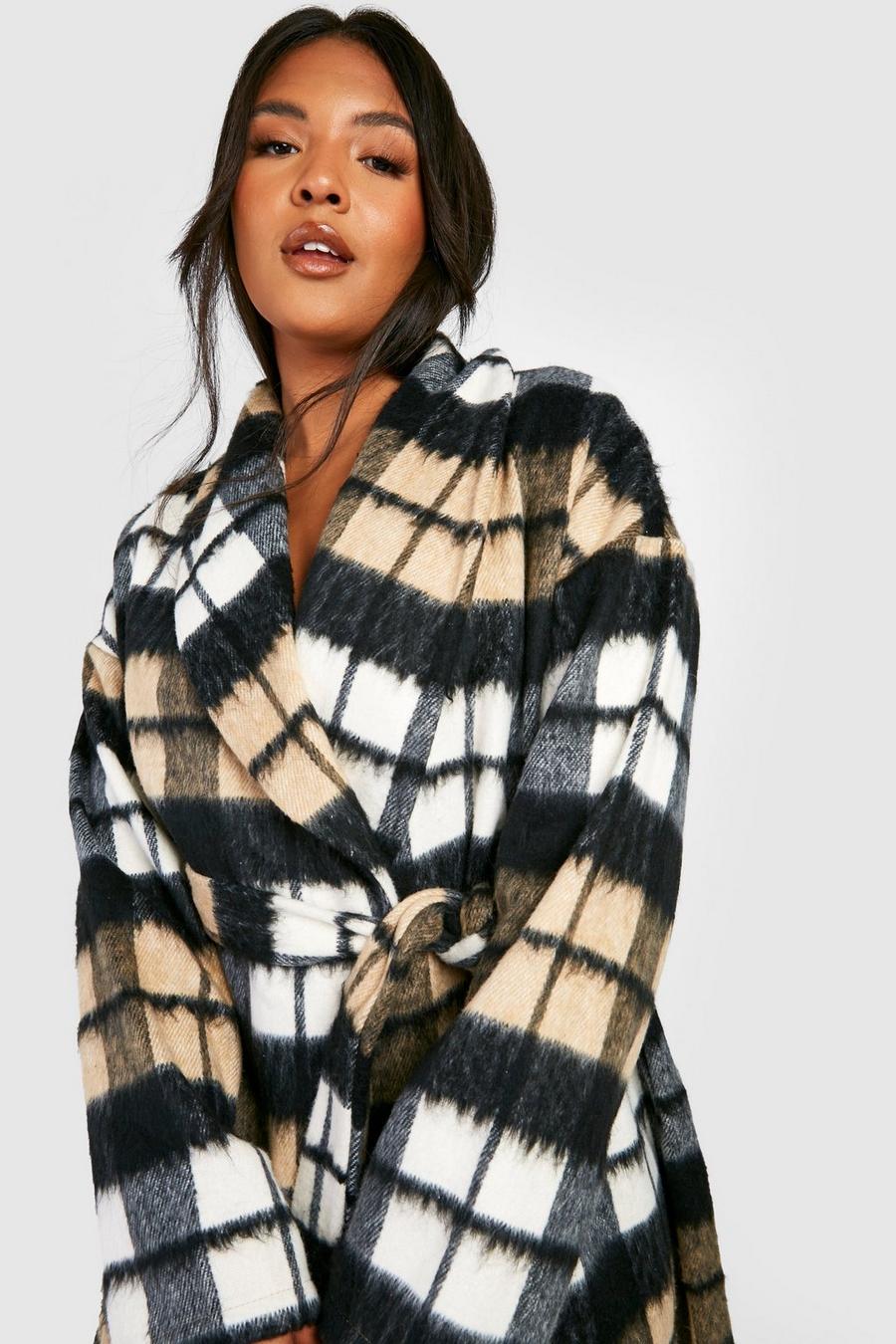 Grande taille - Manteau brossé effet laine à carreaux, Beige image number 1