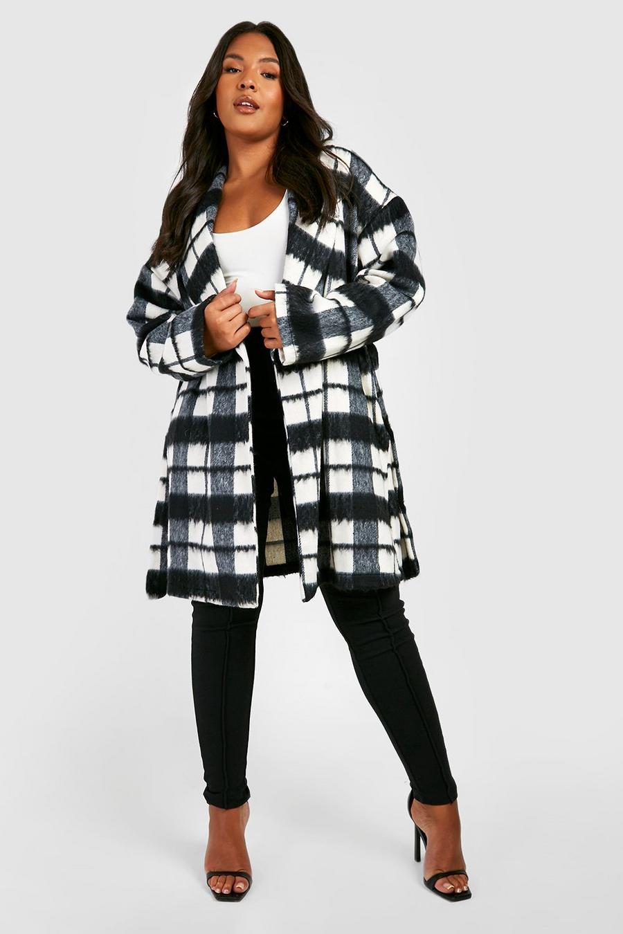 Grande taille - Manteau brossé effet laine à carreaux, Black image number 1