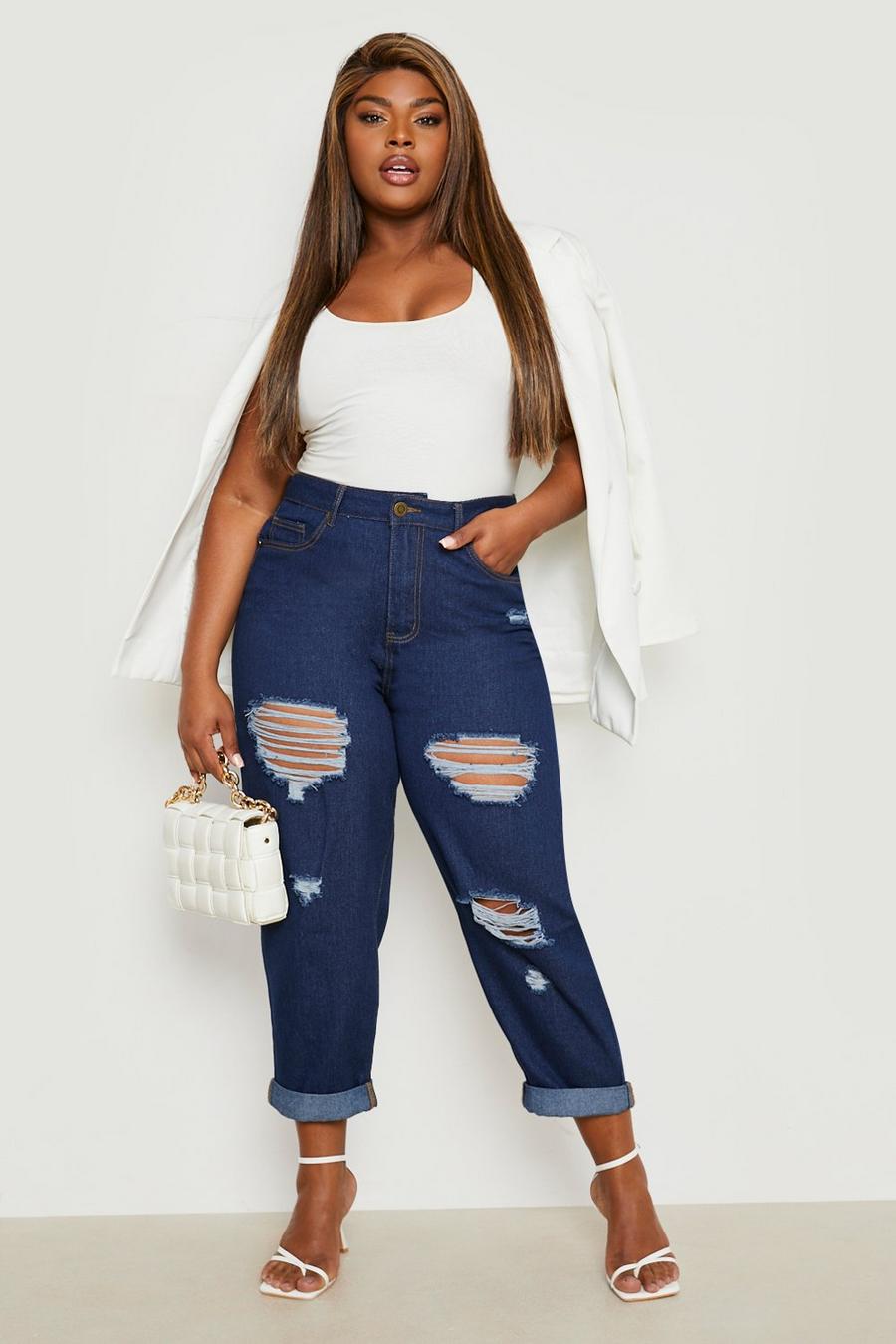 Indigo Plus Ripped Distressed High Waist Mom Jeans image number 1
