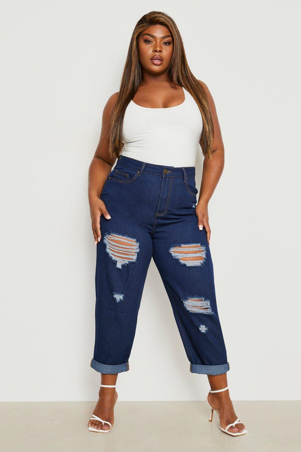 distressed high rise mom jeans